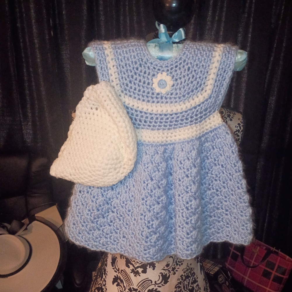 Handmade Blue and White Crochet Dress with Bag